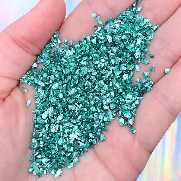 Irregular Crushed Glass Stones | Chunky Glitter Flakes | Resin Inclusions | Resin Craft Supplies (Metallic Blue Green Teal / 10 grams)