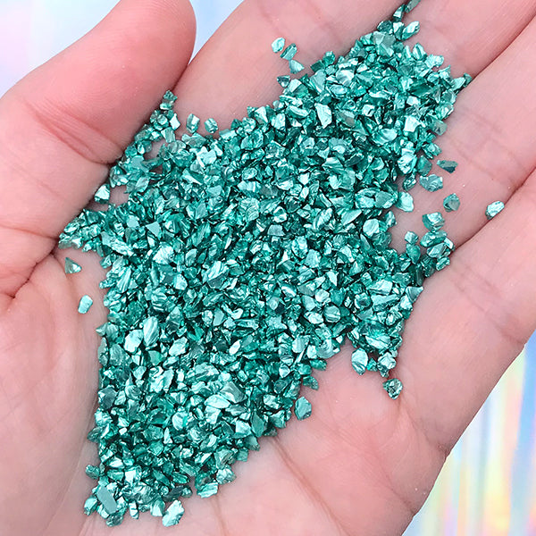 Irregular Crushed Glass Stones | Chunky Glitter Flakes | Resin Inclusions |  Resin Craft Supplies (Metallic Blue Green Teal / 10 grams)