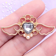 Heart Rhinestone with Angel Wings Open Bezel for UV Resin | Magical Charm | Winged Heart Pendant (1 piece / Clear & Gold / 41mm x 19mm)
