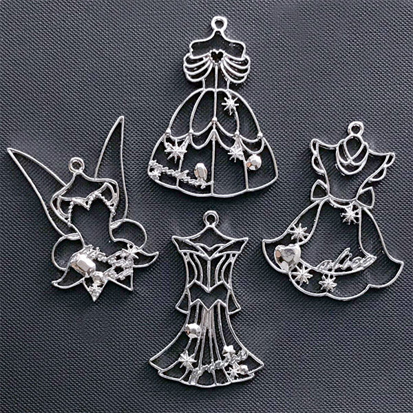 Kawaii Princess Dress Open Bezel | Beauty Princess Charm | Alice in Wonderland Pendant | Fairytale Deco Frame for UV Resin Filling (4 pcs / Silver)