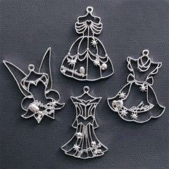 Kawaii Princess Dress Open Bezel | Beauty Princess Charm | Alice in Wonderland Pendant | Fairytale Deco Frame for UV Resin Filling (4 pcs / Silver)