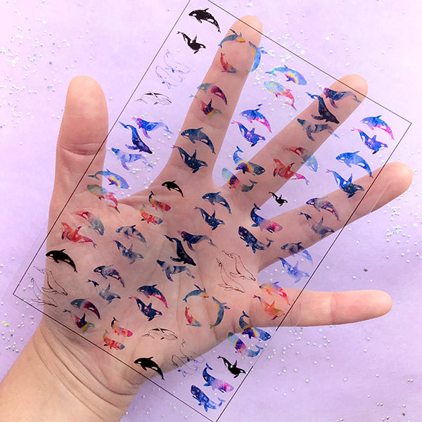 Small Whale and Fish Clear Film Sheet in Rainbow and Galaxy Gradient | Marine Life Embellishments | UV Resin Fillers