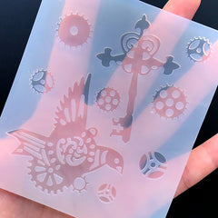 Kawaii Steampunk Embellishment Silicone Mold (9 Cavity) | Skeleton Key Mechanical Bird Clock Gear Parts Mould | Resin Craft Supplies