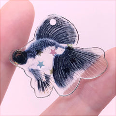 Goldfish Pendant with Confetti | Colorful Fish Charm | Cute Jewelry Supplies (1 Piece / Black / 35mm x 30mm)