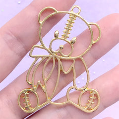 Stitched Bear with Ribbon Open Bezel Pendant | Cute Deco Frame for UV Resin Craft | Kawaii Jewelry Making (1 piece / Yellow Gold / 38mm x 49mm)