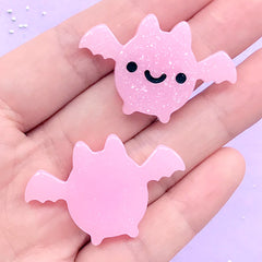 Kawaii Bat Cabochon with Glitter | Creepy Cute Decoden Pieces | Halloween Resin Embellishments (2 pcs / Pink / 38mm x 25mm)