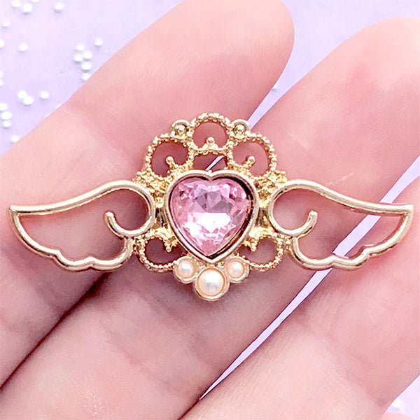 Kawaii Winged Heart Rhinestone Mirror in Blue and Pink