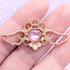 Kawaii Angel Wings with Heart Rhinestone Open Bezel | Winged Heart Charm | UV Resin Jewellery DIY (1 piece / Light Pink & Gold / 41mm x 19mm)
