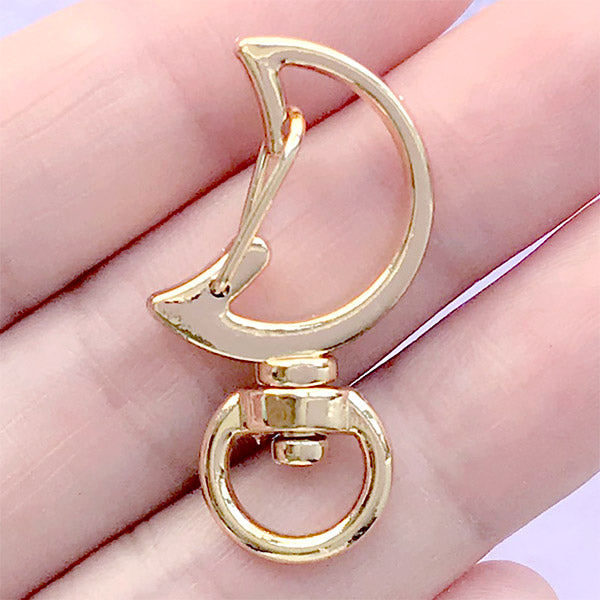 Magical Moon Lobster Clasp with Swivel Ring | Kawaii Lanyard Hook | Snap Clip | Keychain Findings (1 piece / Gold / 18mm x 34mm)