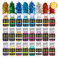 Iridescent Chunky Glitter Assortment (Set of 24) | Holographic Hexagon Confetti and Glitter Powder Mix | Resin Inclusions | Nail Decorations