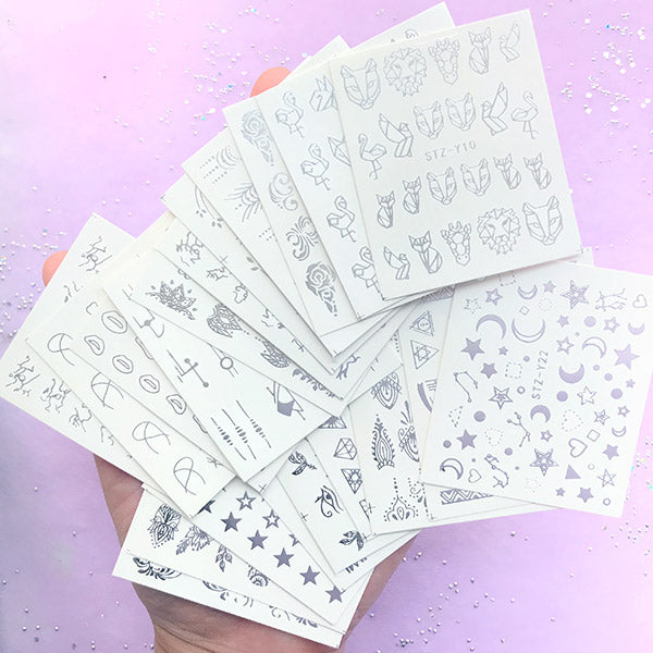 Water Transfer Adhesive in Silver Foil Color (Set of 20 Sheets) | Resin Inclusions for UV Resin Art | Star Floral Geometry Animal Abstract Pattern