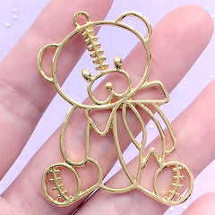 Stitched Bear with Ribbon Open Bezel Pendant | Cute Deco Frame for UV Resin Craft | Kawaii Jewelry Making (1 piece / Yellow Gold / 38mm x 49mm)