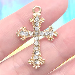 Rhinestone Cross Charm | Treflee Cross Pendant | Religion Jewellery DIY Supplies (1 piece / Gold / 20mm x 30mm)