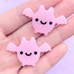 Kawaii Bat Cabochon with Glitter | Creepy Cute Decoden Pieces | Halloween Resin Embellishments (2 pcs / Pink / 38mm x 25mm)