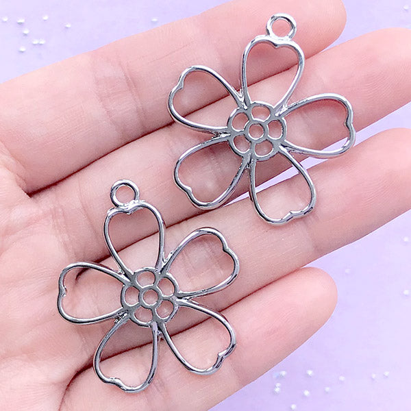 CLEARANCE Cherry Blossom Open Back Bezel | Sakura Charm | Plum Blossom Deco Frame | Kawaii UV Resin Jewellery DIY (2 pcs / Silver / 32mm x 35mm)