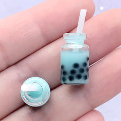 Miniature Pearl Milk Tea | Boba Tea Cabochon | 3D Dollhouse Tapioca Tea | Doll House Food Cabochon | Kawaii Jewellery Supplies (2 pcs / Blue / 10mm x 18mm)