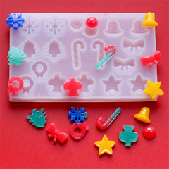 Small Christmas Embellishment Silicone Mold for Resin Art (18 Cavity) | Snowflake Peppermint Candy Cane Jingle Bell Angel Star Tree Wreath Ribbon Mould