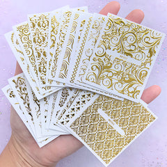 Victorian Pattern Sticker in Gold Foil Color (Set of 20 Sheets by Random) | Filigree Embellishments | Clear Film for Resin Art
