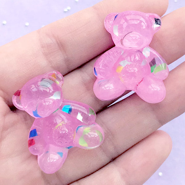 Kawaii Bear Cabochon with Colorful Confetti | Resin Embellishments | Decoden Phone Case (2 pcs / Pink / 24mm x 29mm)