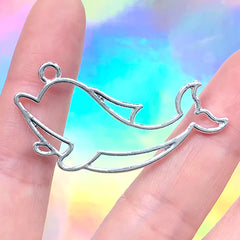 Dolphin Deco Frame for UV Resin Filling | Marine Life Open Bezel Charm | Kawaii Jewelry Supplies (1 piece / Silver / 47mm x 22mm)