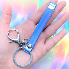 Iridescent Key Holder Lanyard with Lobster Clasp | Faux Leather Key Fob | Kawaii Wrist Strap Keychain | Wristlet Hand Strap (1 piece / Blue)