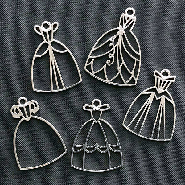 Princess Prom Dress Open Bezel | Evening Dress Charm | Ball Gown Deco Frame | Kawaii UV Resin Jewelry DIY (5 pcs / Silver)