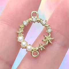 Circle Connector Charm with Rhinestones and Pearls | Small Round Deco Frame for UV Resin Filling | Jewelry DIY Supplies (1 piece / Gold / 18mm x 21mm)