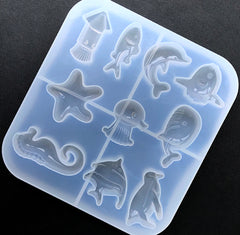 Marine Life Silicone Mold Assortment (10 Cavity) | Seashell Dolphin Starfish Seahorse Octopus Squid Whale Penguin Mold