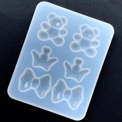 Faceted Bow Crown Bear Silicone Mold (6 Cavity) | Decoden Cabochon Mold | Soft Clear Flexible Mould | Kawaii UV Resin Art Supplies