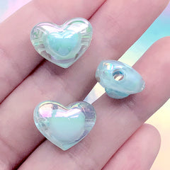 Kawaii Heart Beads | Iridescent Chunky Bead in Iridescent Color | Acrylic Jewelry Supplies (AB Blue / 4 pcs / 17mm x 13mm)