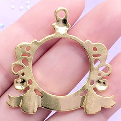 Floral Badge Open Back Bezel Charm with Decorative Border | Kawaii UV Resin Jewellery Supplies (1 piece/ Gold / 37mm x 36mm)