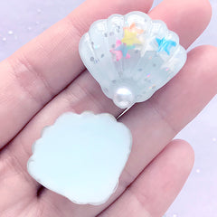 Seashell Resin Cabochon with Glitter | Marine Life Cabochons | Phone Case Decoden | Kawaii Craft Supplies (2 pcs / Light Blue / 27mm x 25mm)