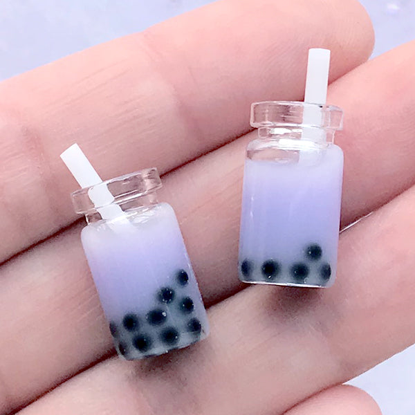 Dollhouse Pearl Milk Tea | Bubble Tea Cabochon | 3D Miniature Tapioca Tea |  Mini Food Jewellery Supplies | Kawaii Crafts (2 pcs / Purple / 10mm x