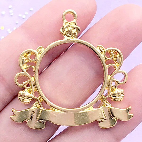Floral Badge Open Back Bezel Charm with Decorative Border | Kawaii UV Resin Jewellery Supplies (1 piece/ Gold / 37mm x 36mm)