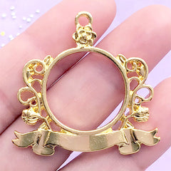 Floral Badge Open Back Bezel Charm with Decorative Border | Kawaii UV Resin Jewellery Supplies (1 piece/ Gold / 37mm x 36mm)