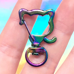 Rainbow Snap Clasp in Cat Head Shape with Swivel Ring | Kawaii Lobster Clip | Galaxy Gradient Lanyard Hook (1 piece / 23mm x 34mm)