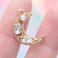 Crescent Moon Charm with Rhinestones | Sparkle Moon Pendant | Mahou Kei Jewellery DIY (1 piece / Gold / 14mm x 21mm)