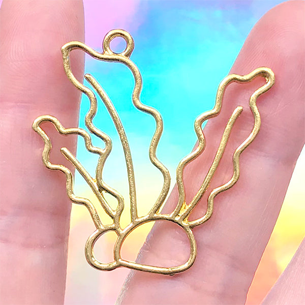 Seaweed Open Bezel Charm | Marine Algae Deco Frame for UV Resin Filling | Kawaii Jewellery DIY (1 piece / Gold / 37mm x 37mm)