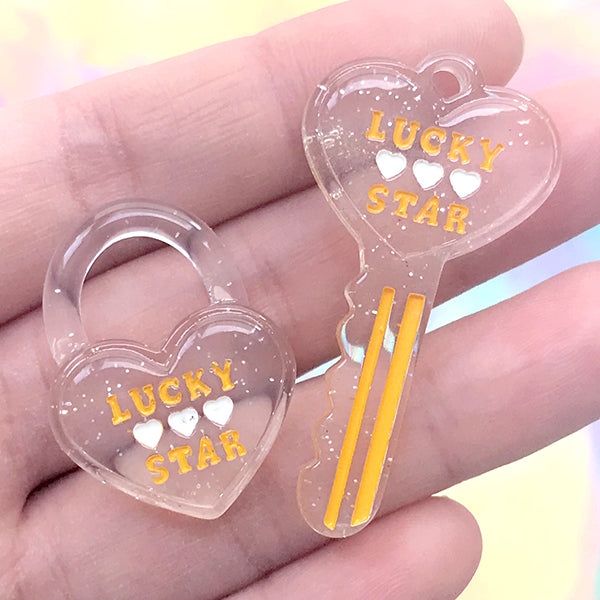 Heart Key Lock and Key Charm | Decoden Resin Cabochon | Kawaii Jewellery Making (2 pcs / Yellow)