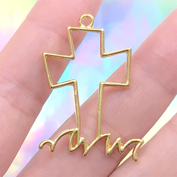 Cross Tombstone Open Bezel Charm | Halloween Ornament Making | Spooky Jewelry DIY | Deco Frame for UV Resin Filling (1 piece / Gold / 26mm x 35mm)