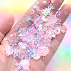 Iridescent Sequin and Glitter Assortment | Seashell and Flower Confetti | Glittery Sprinkles | Kawaii Resin Inclusions (Pink / 5 grams)