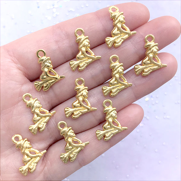 10 charms with witch on broom - jewelry making supplies