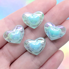 Kawaii Heart Beads | Iridescent Chunky Bead in Iridescent Color | Acrylic Jewelry Supplies (AB Blue / 4 pcs / 17mm x 13mm)