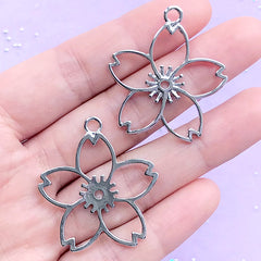 Sakura Open Bezel Charm | Cherry Blossom Deco Frame for UV Resin Filling | Resin Jewellery Supplies (2 pcs / Silver / 32mm x 35mm)