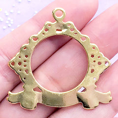 Badge Open Bezel Charm with Intricate Decorative Border | Round Deco Frame | UV Resin Jewellery Making (1 piece/ Gold / 37mm x 36mm)