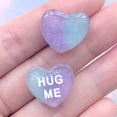 Fake Conversation Sweetheart Cabochons | Faux Hug Me Candies | Glittery Heart Embellishment | Kawaii Decoden DIY (3 pcs / Blue Purple / 19mm x 16mm)
