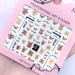 Brown Bear Decal Stickers | Animal Plush Toy Water Transfer Sheet | Kawaii Embellishments for Resin Art | Cute Nail Design