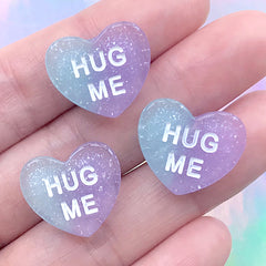 Fake Conversation Sweetheart Cabochons | Faux Hug Me Candies | Glittery Heart Embellishment | Kawaii Decoden DIY (3 pcs / Blue Purple / 19mm x 16mm)