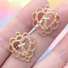 Lace Heart with Latin Cross Pendant | Kawaii Open Bezel Charm for UV Resin Filling  | Lolita Jewelry DIY (2 pcs / Gold / 20mm x 22mm)