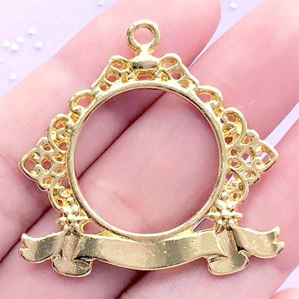 Badge Open Bezel Charm with Intricate Decorative Border | Round Deco Frame | UV Resin Jewellery Making (1 piece/ Gold / 37mm x 36mm)